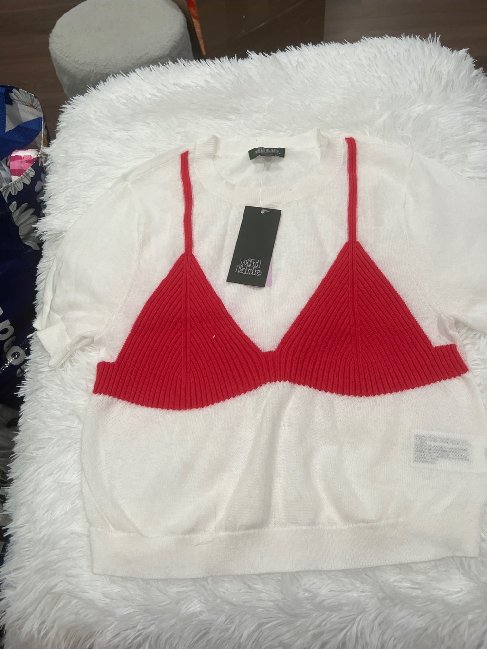 Wild Fable White Short-Sleeve Sweater with Red Knit Bralette Detail